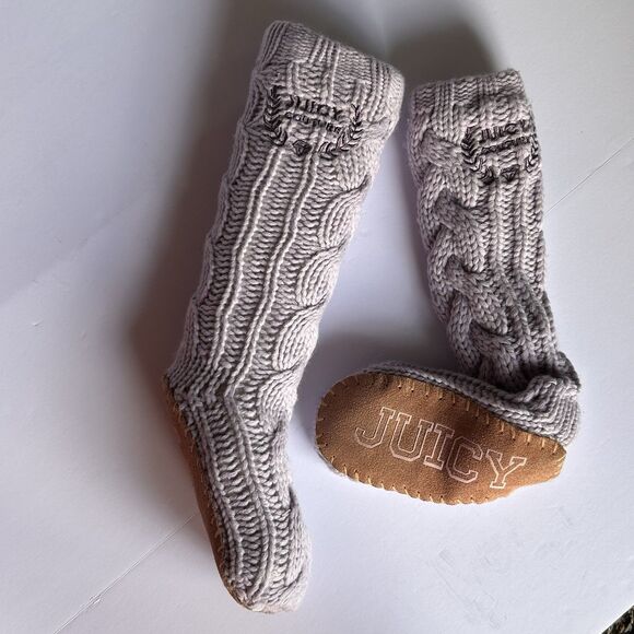 Juicy Couture Womens Cable Knit Knee‎ High Slippers Sock Lavender Leather Sole - Picture 4 of 8